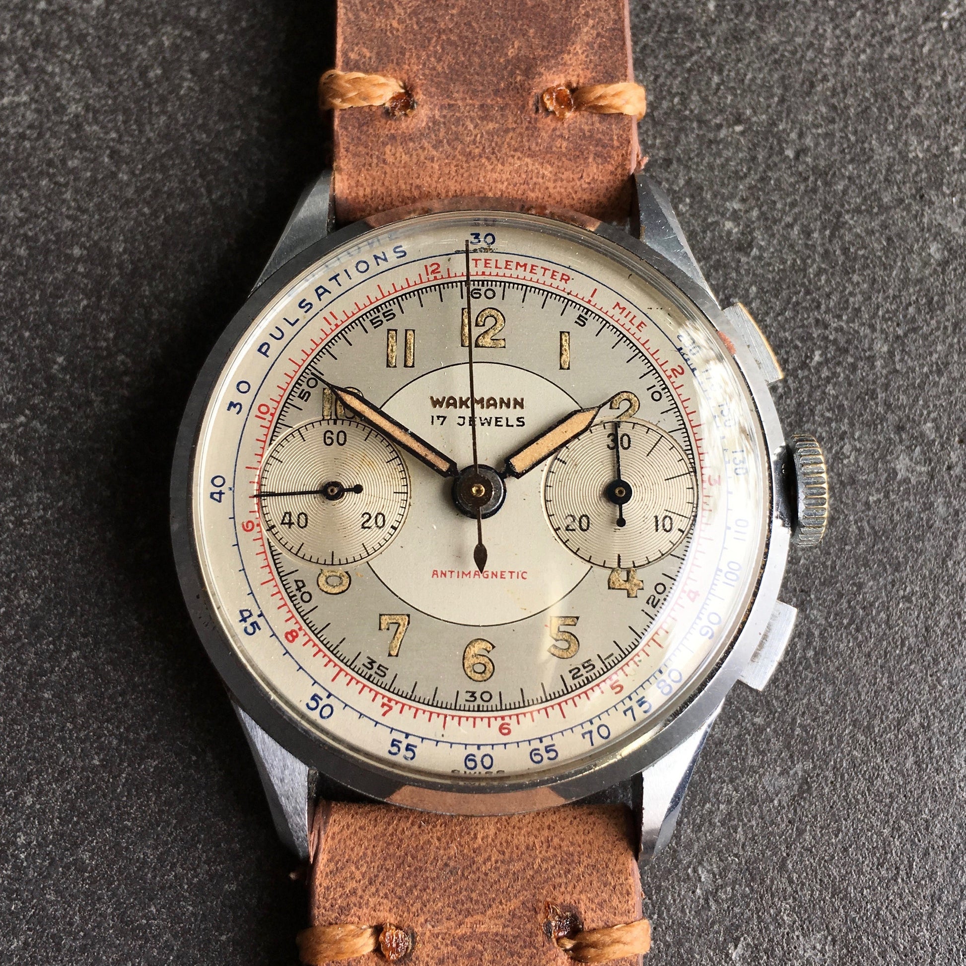 Vintage Wakmann Antimagnetic Pulsations Landeron 48 Chronograph